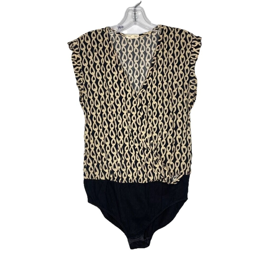 Silence And Noise Bodysuit Top Women Small Gold Black Faux Wrap Cap Sleeve
